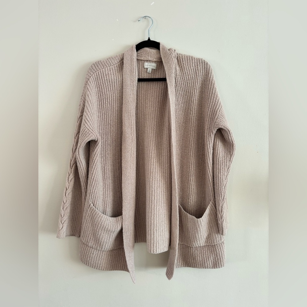 Lucky Brand Oversized Open-Front Cardigan, Braid Detail, Taupe Tan, Size Large